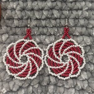 Intricate Red and White Spiral Beaded Earrings